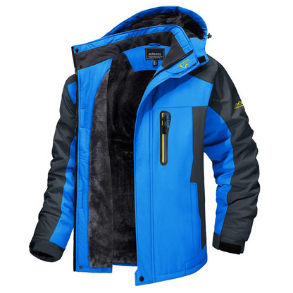 Giacca invernale impermeabile blu e nera con cappuccio, fodera in pile, tasca con zip, ideale per escursioni e sport all'aperto.