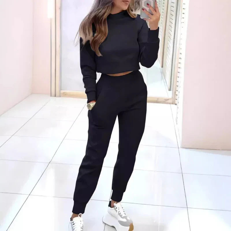 Women's Two-Piece Set with Cropped Sweater and Elastic Waist Pants