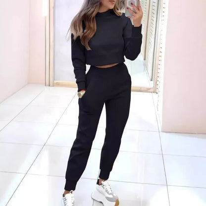 Women's Two-Piece Set with Cropped Sweater and Elastic Waist Pants