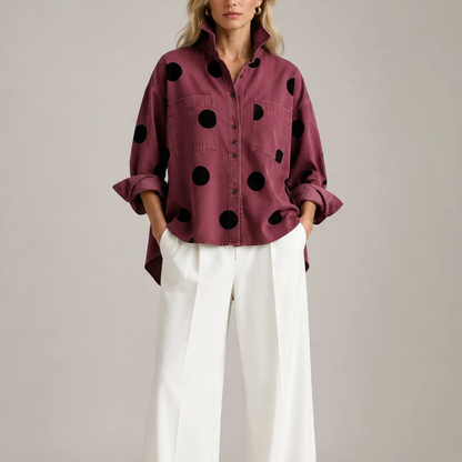 Dame Denim Skjorte med Prikket Mønster og Knapper – Denim Stil