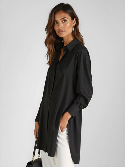 Women's Oversized Shirt Dress with Notched Collar, Front Buttons, Side Slit – Cotton Style