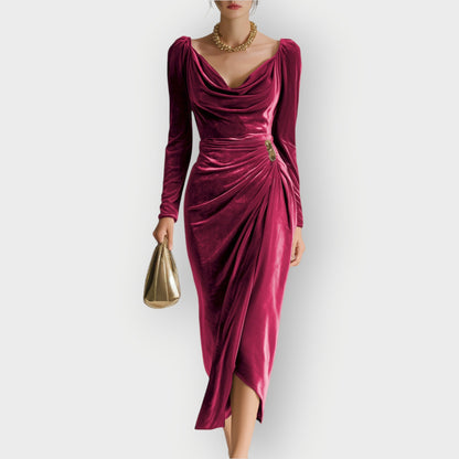 Women's Midi Draped Dress with Long Sleeves and Ruching