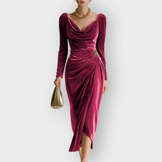 Women's Midi Draped Dress with Long Sleeves and Ruching