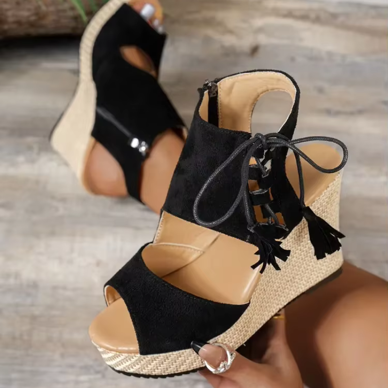 Cuñas de verano para mujer con plataforma de yute trenzado, cordones en el tobillo, punta abierta – Estilo yute