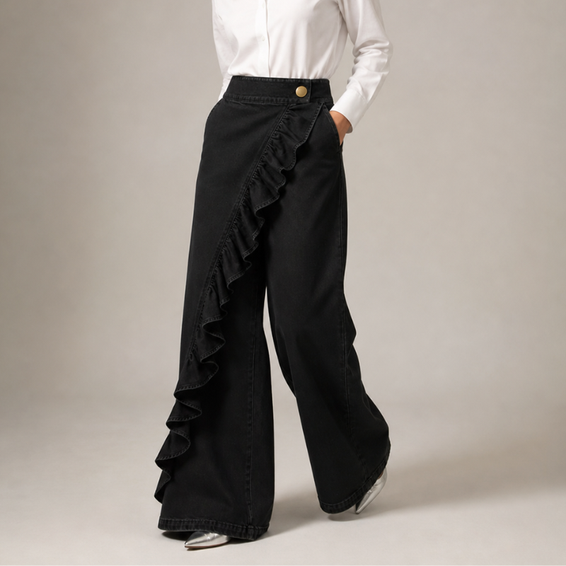 Pantaloni Gonna Donna a Vita Alta con Volant e Gamba Larga – Stile Elegante Casual