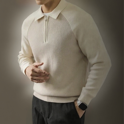 Herre business sweater med lynlås, polo-krave og raglanærmer – Strikstil