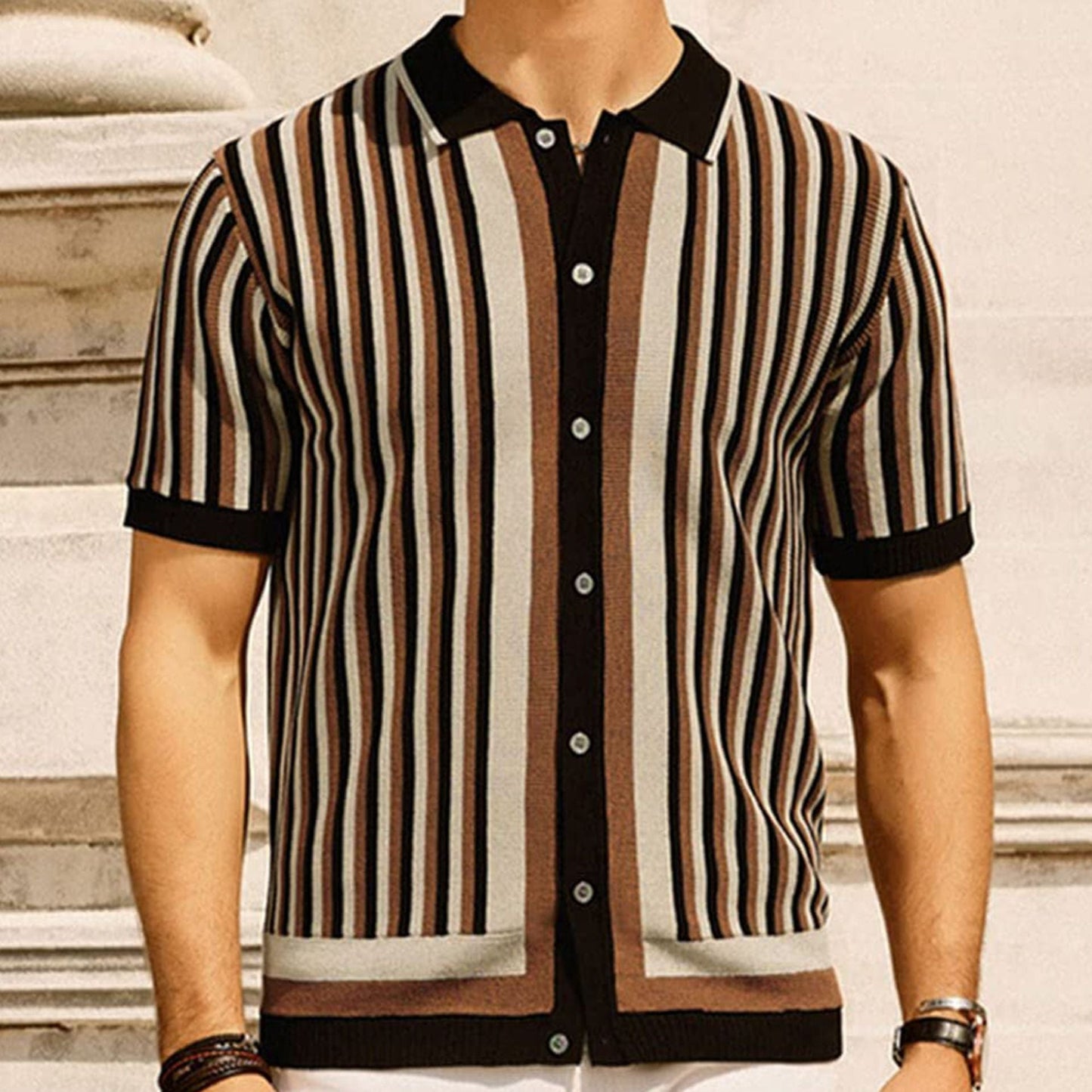 Men’s Striped Knit Polo Shirt with Classic Collar