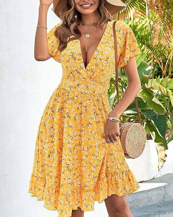 Women’s Floral Summer Mini Dress with V-Neck and Ruffle Sleeves
