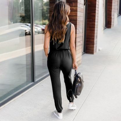 Women's Sleeveless Jumpsuit with Elastic Waist and Tapered Leg – Casual Jumpsuit