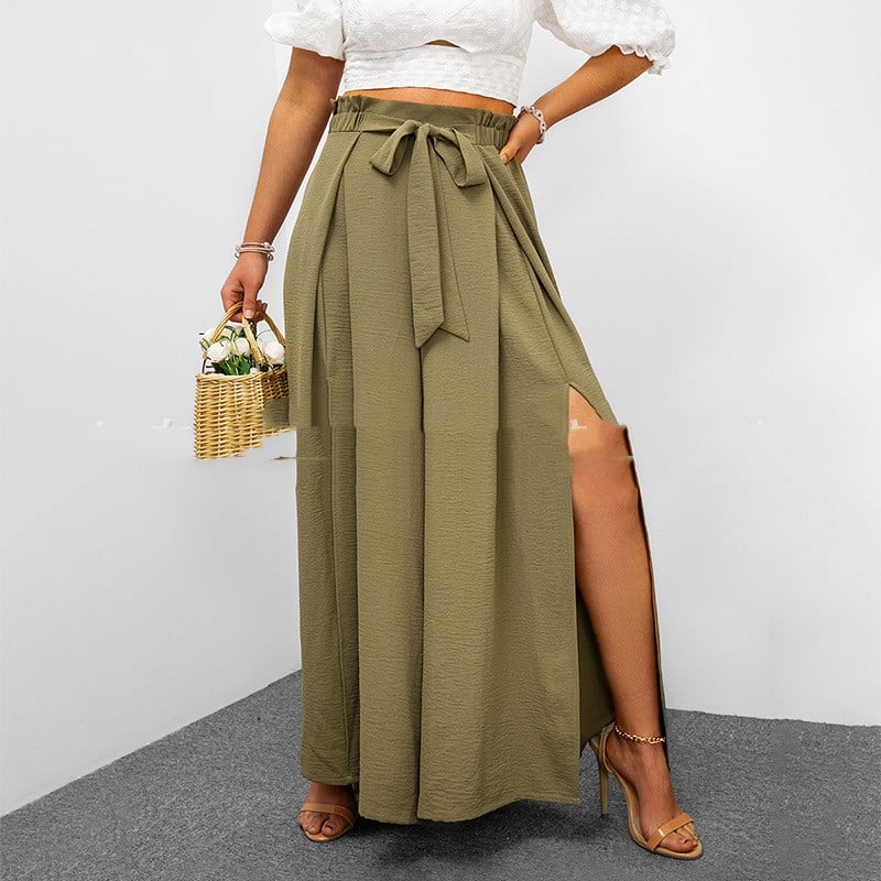 High-Waisted Women's Pants with Buckle, Wide Leg, and Cropped Length