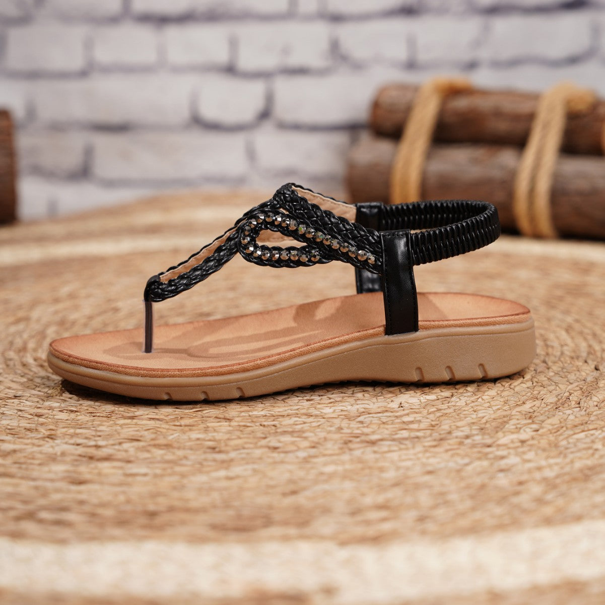 Women's Beach Sandals with Rhinestones, Elastic Band, and Decorative Straps – Casual Sandals