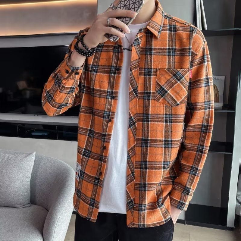 Camisa de Hombre Primaveral de Manga Larga con Motivo Escocés y Corte Slim