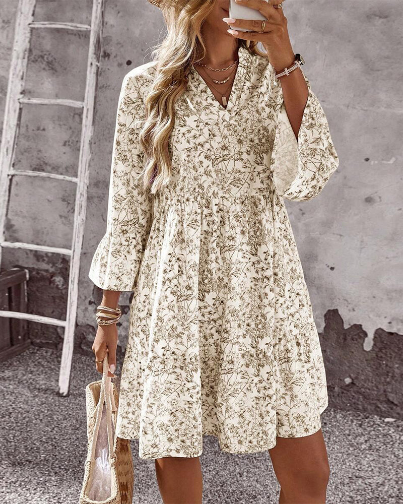 Women's Spring Dress with High Neckline, Flounce Sleeves, and Floral Print