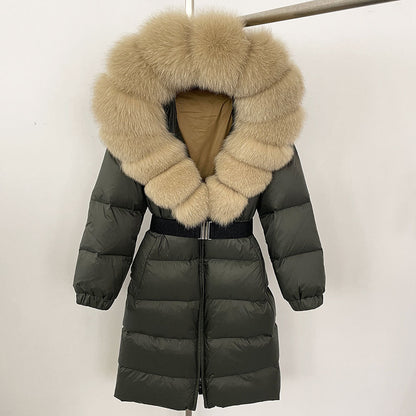 Women's Winter Coat with Long Hood and Removable Fur Collar
