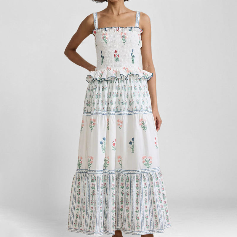 Women's Summer Long Strapless Dress with Floral Print and High Waist – A-Line