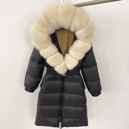 Women's Winter Coat with Long Hood and Removable Fur Collar