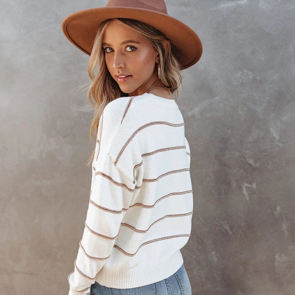 Women's Sweater Striped Knit Pullover with Long Sleeves and Round Neck