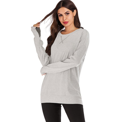 Jersey de mujer de manga larga con cuello redondo, ajuste holgado y color liso