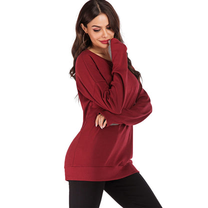 Jersey de mujer de manga larga con cuello redondo, ajuste holgado y color liso