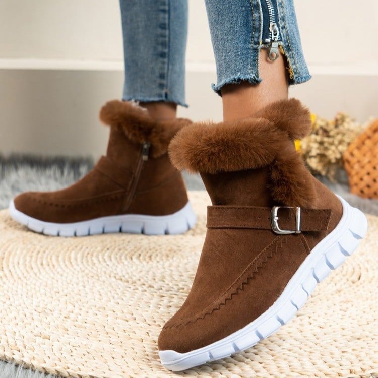 Women's Winter Ankle Boots with Soft Lining and Buckle Detail – Side Zipper
