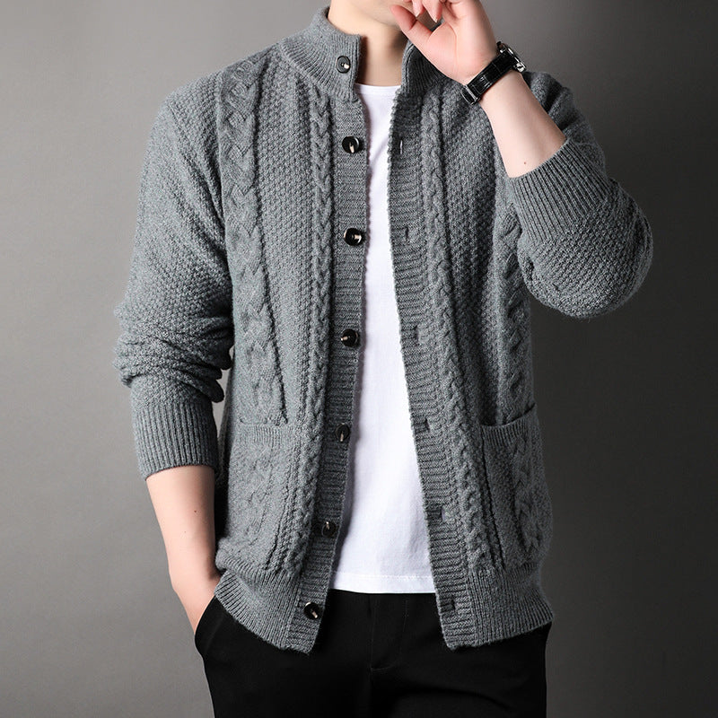 Men's Autumn Jacquard Knit Cardigan, Retro Style, Button Closure, Pockets, and Loose Fit.