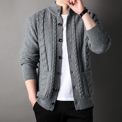 Men's Autumn Jacquard Knit Cardigan, Retro Style, Button Closure, Pockets, and Loose Fit.