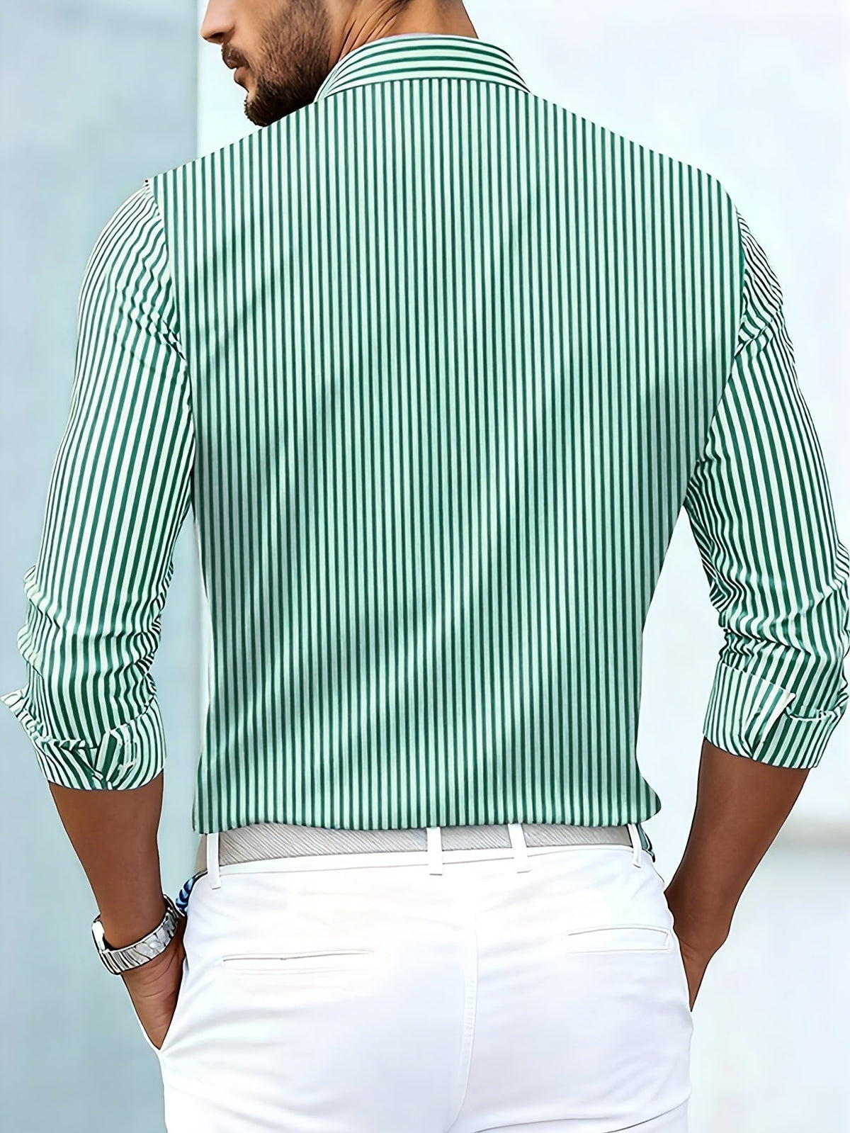 Camisa de hombre a rayas de estilo retro con botones, cuello clásico, corte cómodo y mangas largas.