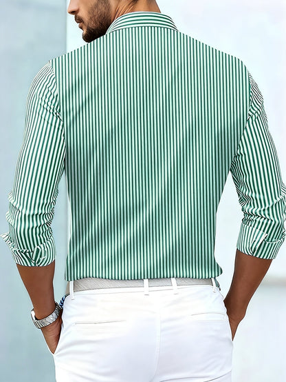 Camisa de hombre a rayas de estilo retro con botones, cuello clásico, corte cómodo y mangas largas.