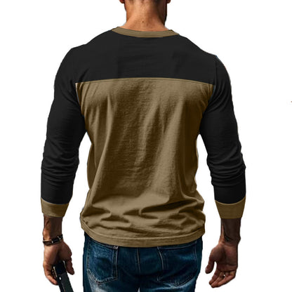 Men's Long Sleeve Henley Shirt with Color Block Design