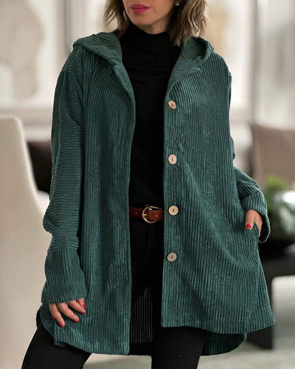Women's Autumn Corduroy Jacket with Hood and Pockets – Solid Color