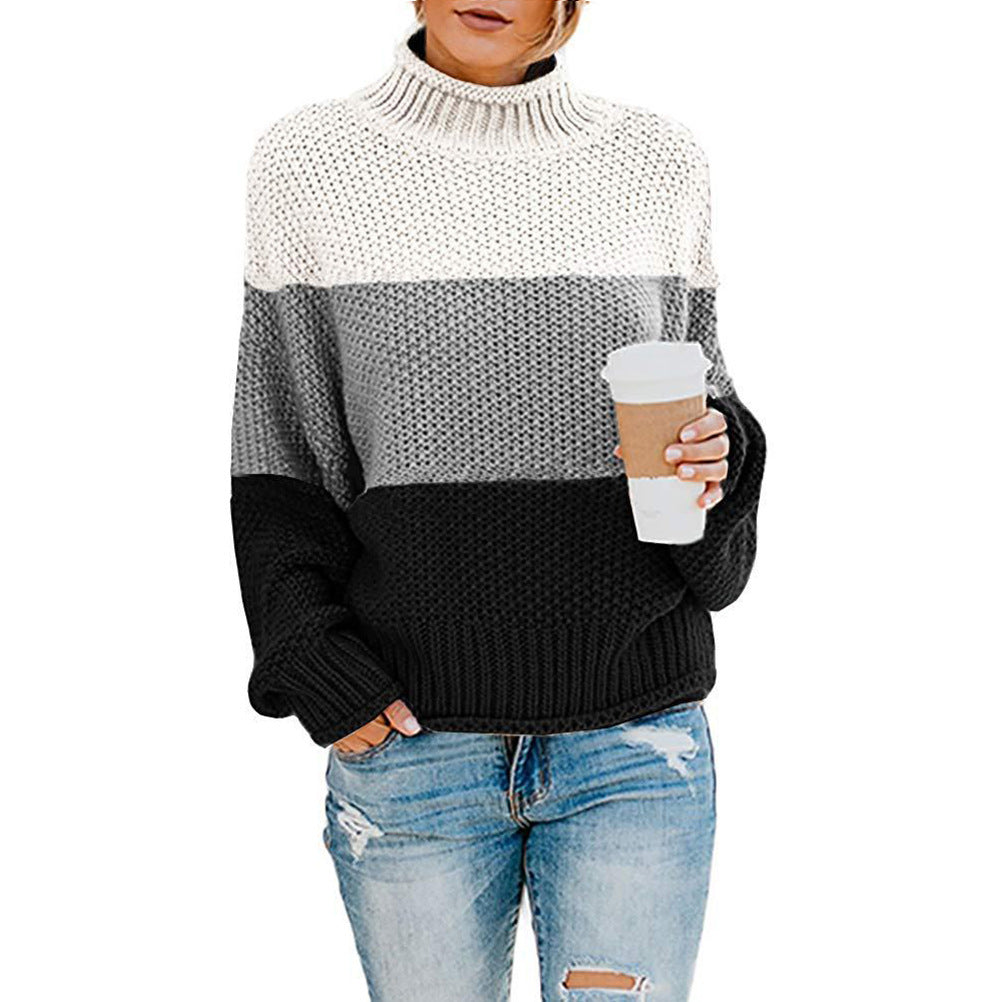 Maglione Pullover Donna a Collo Alto con Maniche Lunghe e Motivo a Blocchi di Colore