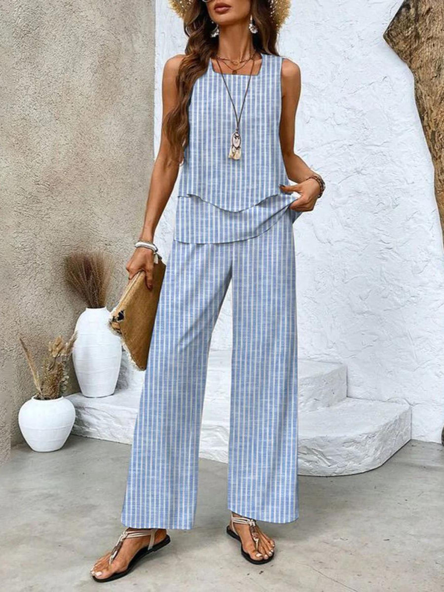 Women's Summer Two-Piece Set with Layered Top and Wide-Leg Pants