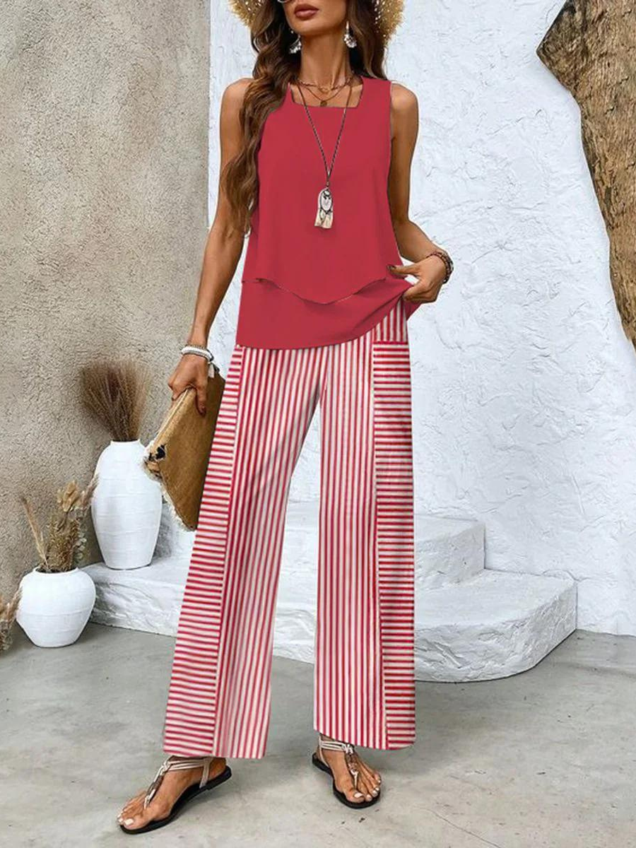 Women's Summer Two-Piece Set with Layered Top and Wide-Leg Pants