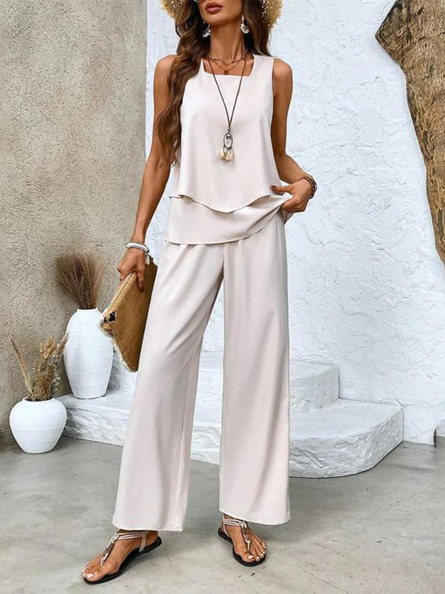 Women's Summer Two-Piece Set with Layered Top and Wide-Leg Pants