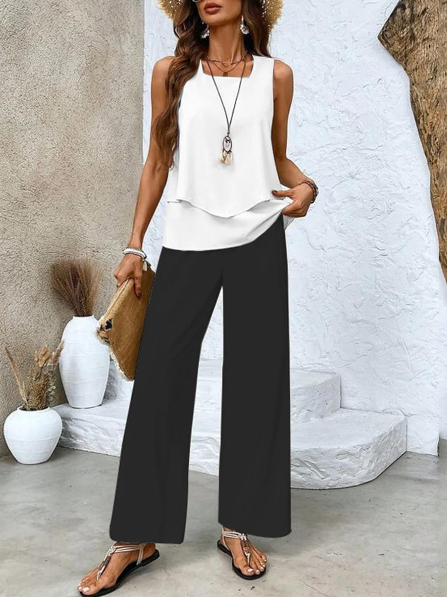 Women's Summer Two-Piece Set with Layered Top and Wide-Leg Pants