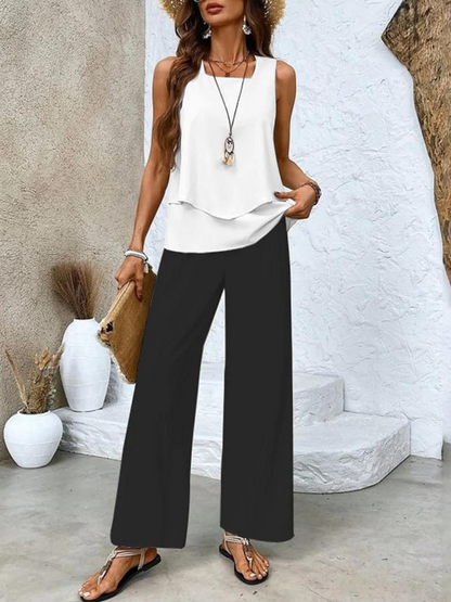 Women's Summer Two-Piece Set with Layered Top and Wide-Leg Pants