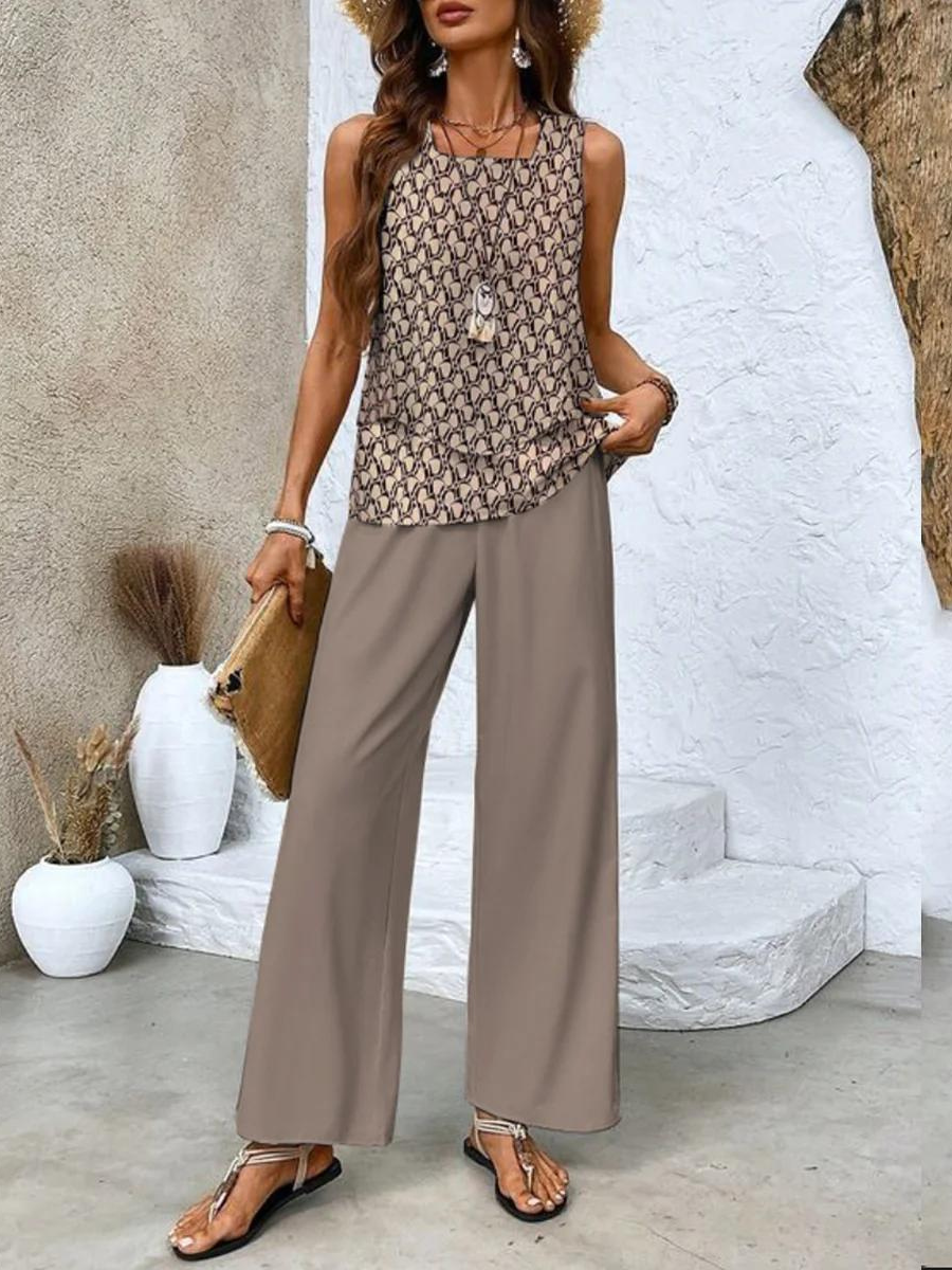 Women's Summer Two-Piece Set with Layered Top and Wide-Leg Pants