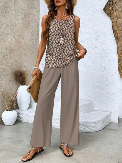 Women's Summer Two-Piece Set with Layered Top and Wide-Leg Pants