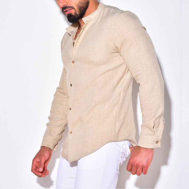 Camisa de verano para hombre de mezcla de algodón y lino, con cuello mao y corte regular.