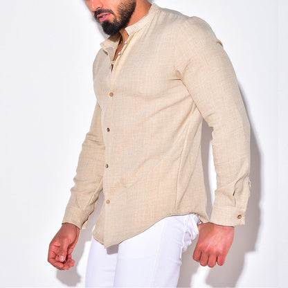 Camisa de verano para hombre de mezcla de algodón y lino, con cuello mao y corte regular.