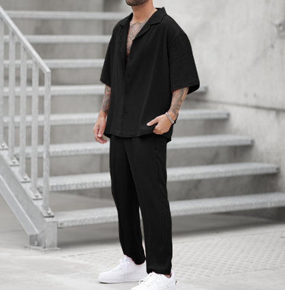 Men's Summer Two-Piece Set with Short-Sleeve Shirt and Pants – Solid Color Casual Set