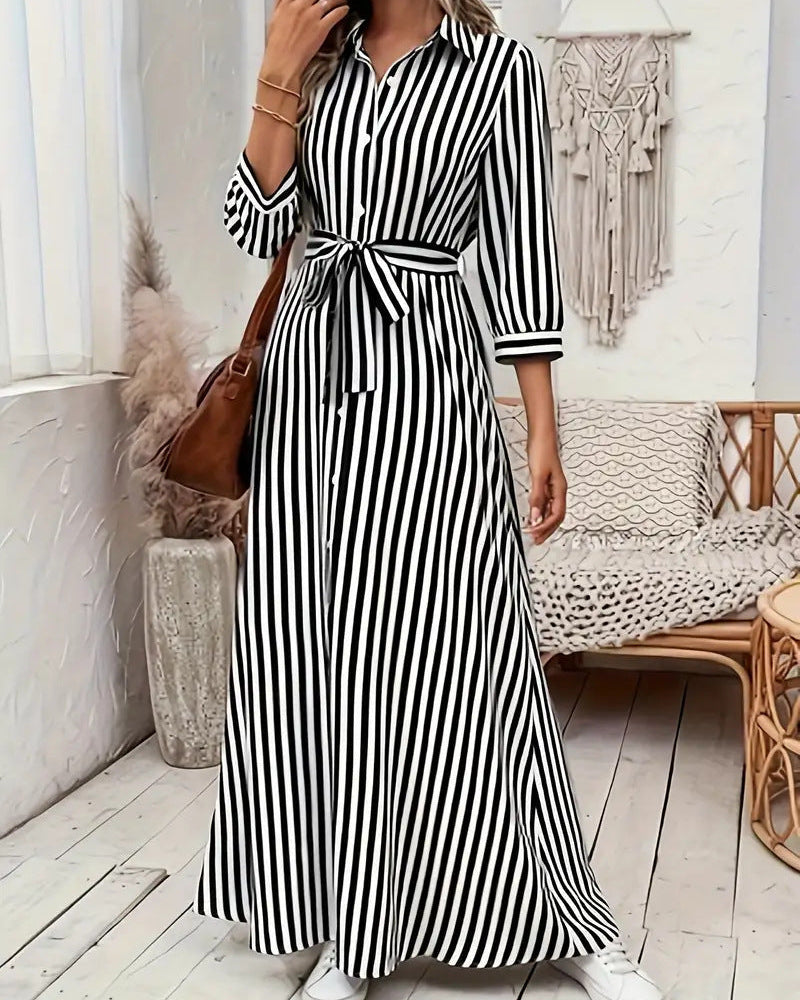 Vestido camisero de mujer a rayas con cuello de solapa y botones delanteros