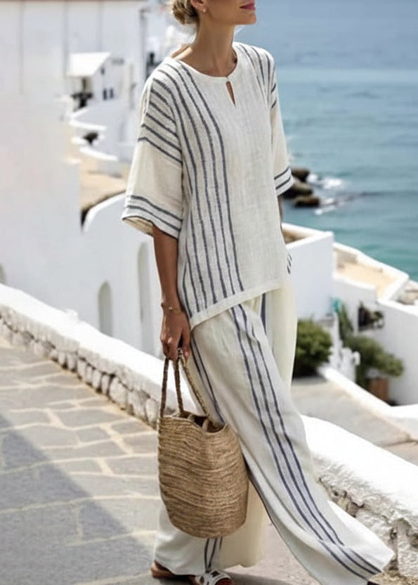 Women's Summer Two-Piece Set Linen Blend with Sleeveless Striped Top and Comfortable Pants
