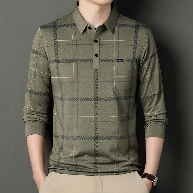 Men's Long Sleeve Slim Fit Polo Shirt with Striped Pattern