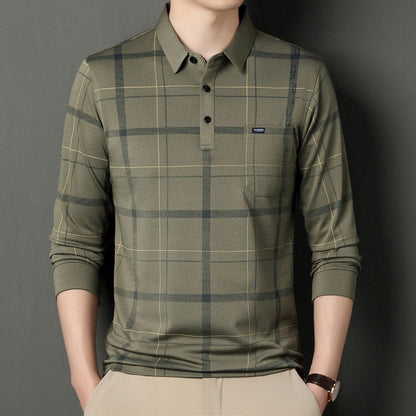 Men's Long Sleeve Slim Fit Polo Shirt with Striped Pattern