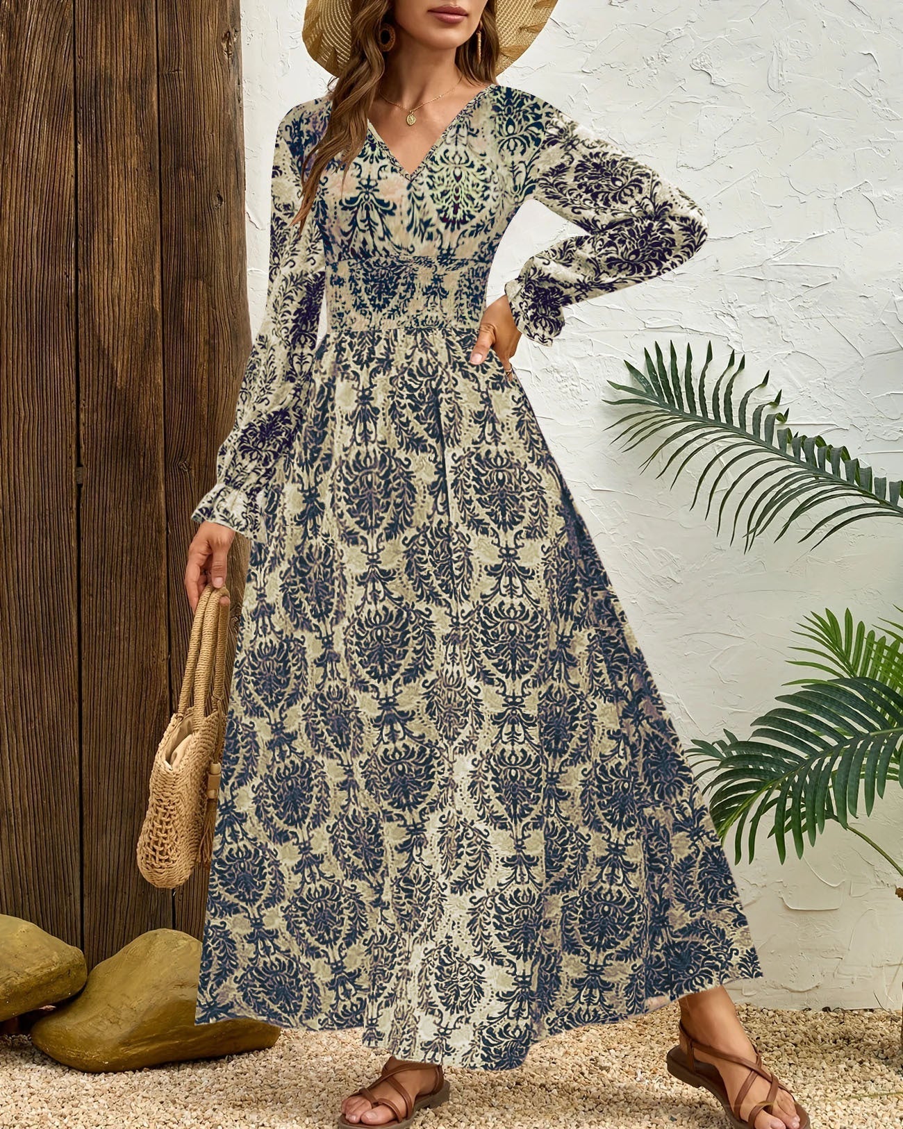 Women's Autumn Printed Dress with V-Neck and Long Sleeves – Casual Streetwear Dress