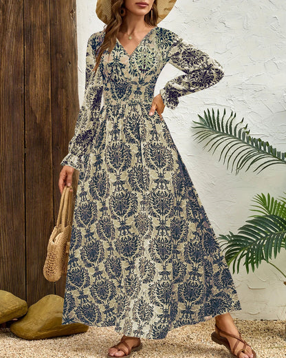 Women's Autumn Printed Dress with V-Neck and Long Sleeves – Casual Streetwear Dress
