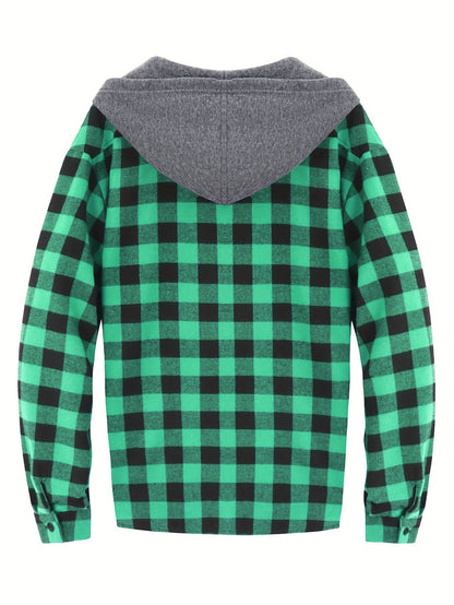 Men's Autumn Flannel Shirt-Jacket with Hood and Checkered Pattern