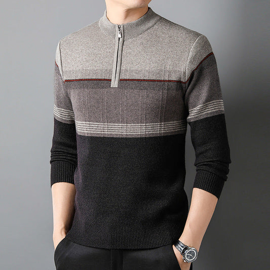 Men's Pullover Sweater with Zip Collar and Long Sleeves