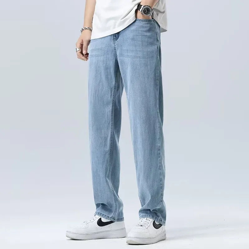 Pantalones para hombre de pierna ancha en tejido Ice Silk con bragueta de cremallera – pierna recta